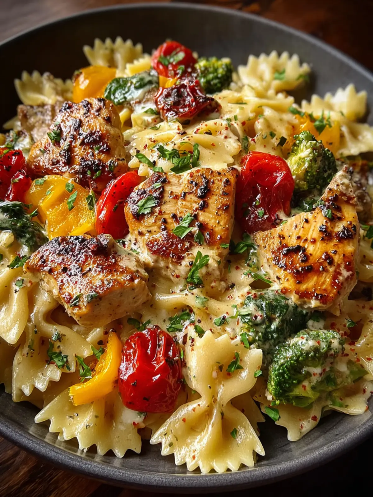 Creamy Cheddar & Havarti Chicken Bowtie Pasta with Roasted Veggies First Image